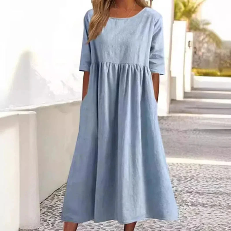 Vestido Manga Curta Algodão e Linho