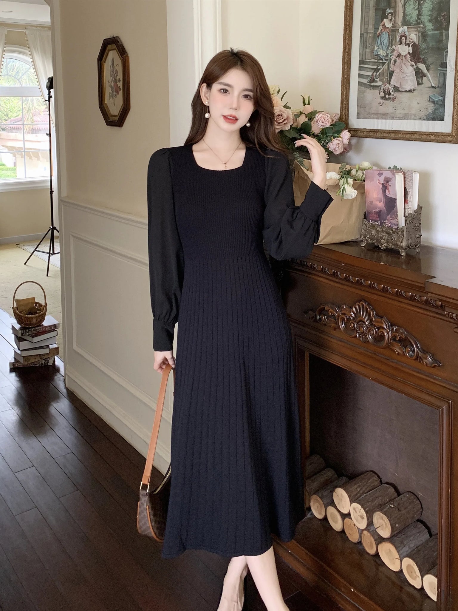 Vestido Casual Manga Longa Plissado