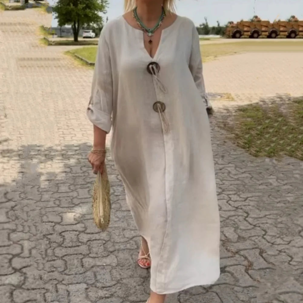 Vestido em Linho e Algodão com Botões Longo